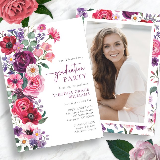 Bunte Blütenschülerparty Einladung (Colorful Watercolor Floral Photo Graduation Party Invitation by Painted Paperie
)