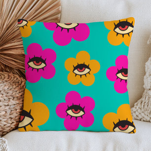 Bunte Böse-Augen-Blumen Maximalistischer Floral Kissen