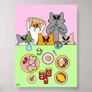 Bunte Breakfast Club Katzen Illustration Küche Poster