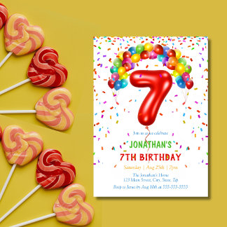 Bunte Bright Confetti Balloons 7. Geburtstag Einladung