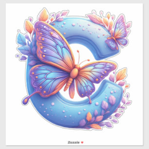 Bunte Butterflies auf dem hellblauen Buchstaben C Aufkleber
