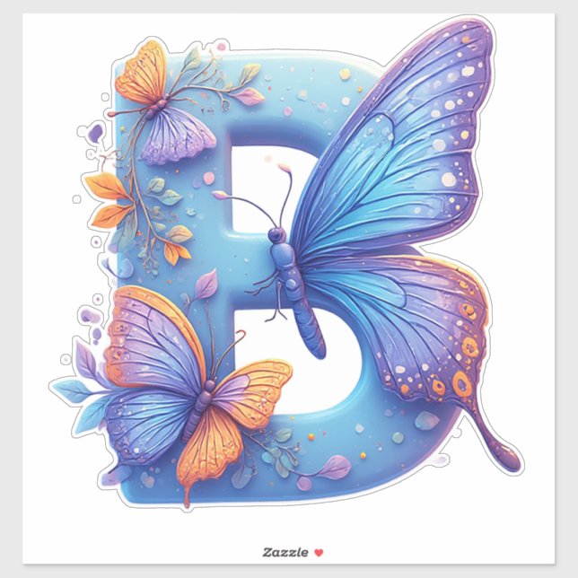 Bunte Butterfly auf hellblauem Buchstaben B Aufkleber (Blatt)