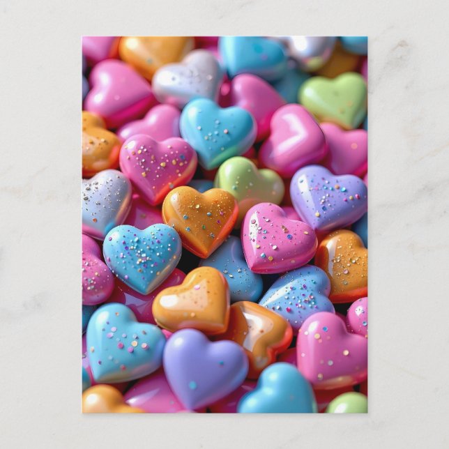 Bunte Candy Love Hearts Postkarte (Vorderseite)