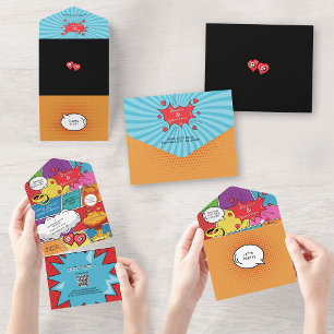 Bunte Comic-Pop-Art-Hochzeit All In One Einladung