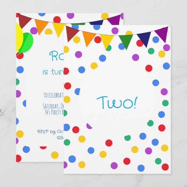 Bunte Confetti Dots and Balloons 2. Geburtstag Einladung (Vorne/Hinten)