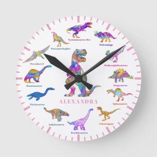 Bunte Dinosaurier mit Namen Runde Wanduhr