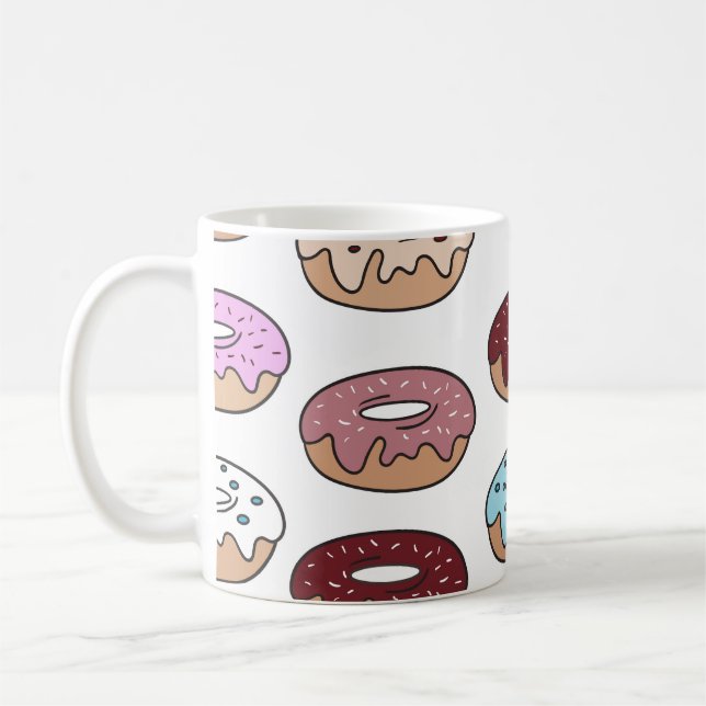 Bunte Doodle-Donuts Hintergrund. Kaffeetasse (Links)