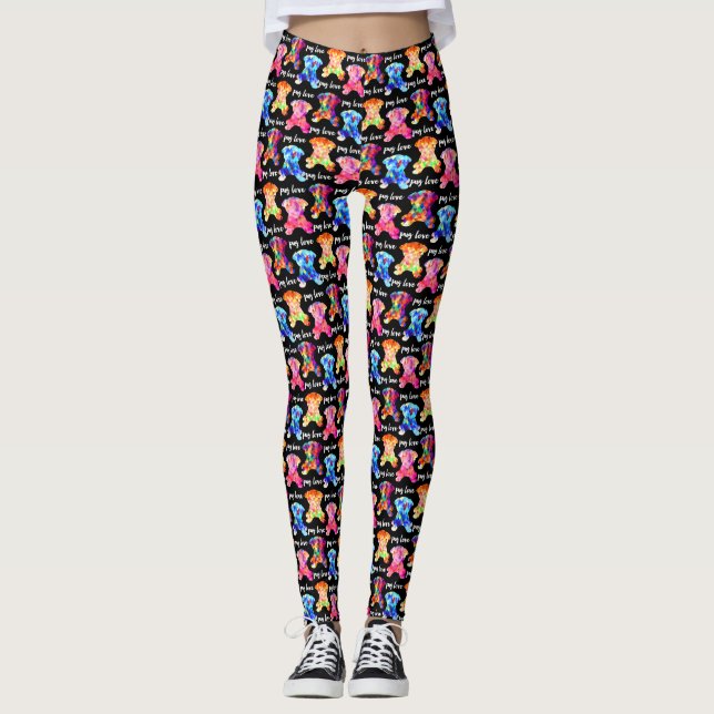 Bunte Dreieck-Muster-Mops-Silhouette-Mops-Liebe Leggings (Vorderseite)