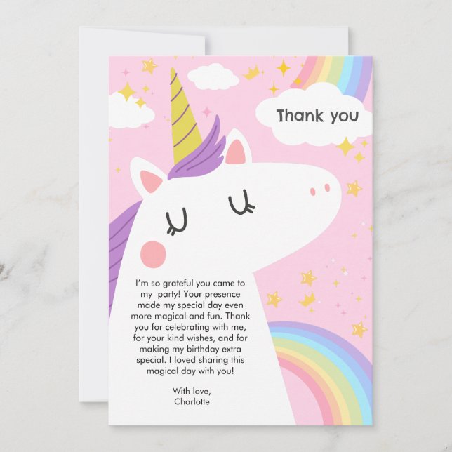 Bunte Einhorn- und Regenbogenfeier Dankeskarte (Vorderseite)