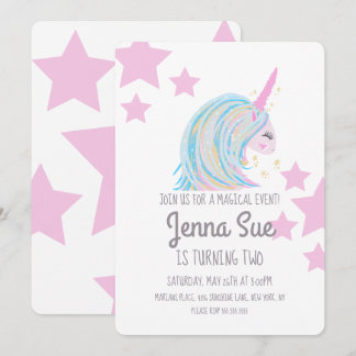 Bunte Einhorn- und Rosa-Sterne Geburtstagsparty Einladung