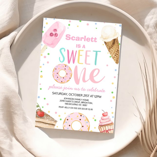 Bunte Eiscreme Kuchen Süß 1. Geburtstag Einladung (Girls Pink Sweet One 1st Birthday Invitation, Sweet One Themed First Birthday Invite, Cake Ice Cream)