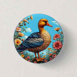 Bunte Ente zwischen lebendigen Blumen Button