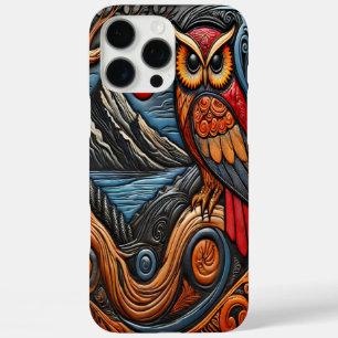 Bunte Eulen-Kunst mit Berg- und Sonnenlandschaft iPhone 16 Pro Max Hülle