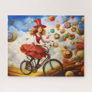 Bunte Fantasie-Imaginations-Girl auf einem Fahrrad Puzzle