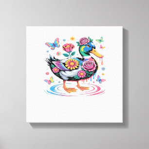 Bunte Fantasy-Ente mit Blumen und Schmetterlingen Leinwanddruck