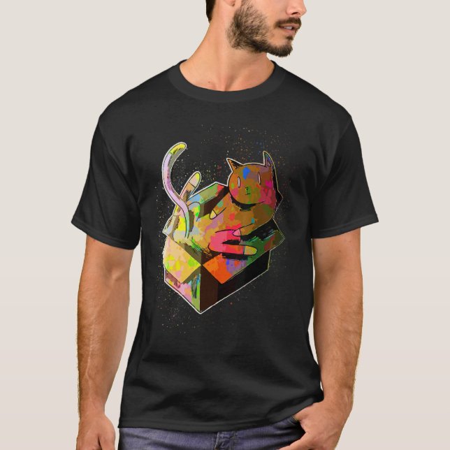 Bunte Farbspritzer-Pappkarton-spielende Katze T-Shirt (Vorderseite)