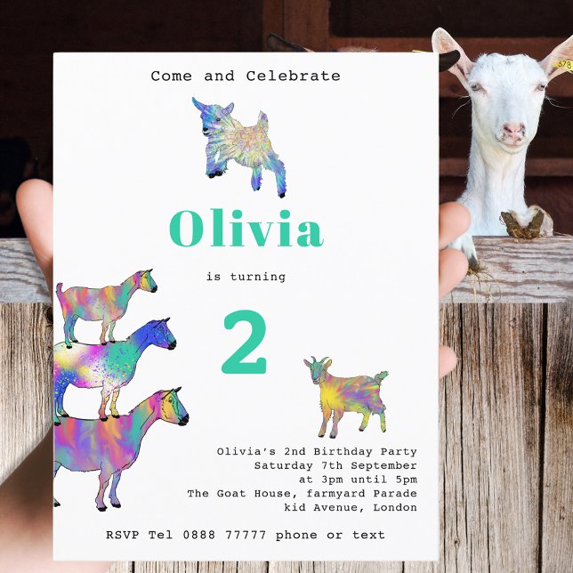 Bunte Farmziegen Geburtstagsparty Einladungspostkarte (Cute goats colorful farm animal art watercolor 2nd birthday party invitation postcard)