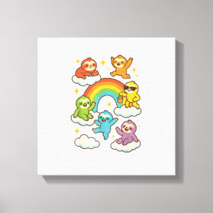 Bunte Faultiere mit einem Regenbogen Kawaii Faulti Leinwanddruck
