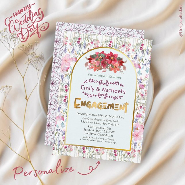 Bunte, fette Blumenblüten Gold-Engagement-Partei Einladung (Von Creator hochgeladen)