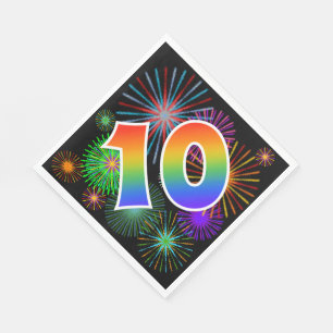 Bunte Feuerwerke + Regenbogen-Muster "10" Ereignis Serviette