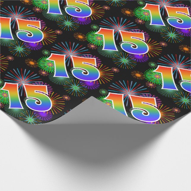 Bunte Feuerwerke + Regenbogen-Muster "15" Ereignis Geschenkpapier (Ecke)
