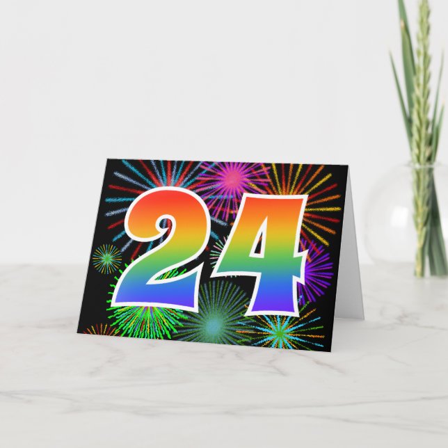 Bunte Feuerwerke + Regenbogen-Muster "24" Ereignis Karte (Vorderseite)