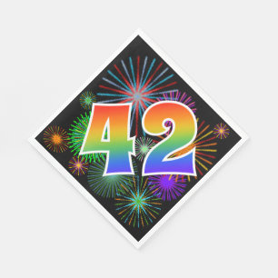 Bunte Feuerwerke + Regenbogen-Muster "42" Ereignis Serviette