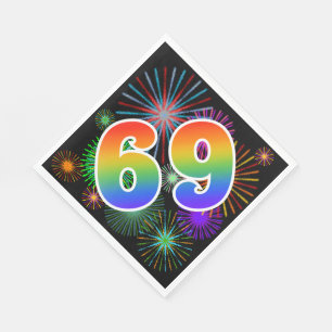 Bunte Feuerwerke + Regenbogen-Muster "69" Ereignis Serviette