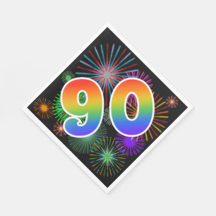Bunte Feuerwerke + Regenbogen-Muster "90" Ereignis Serviette