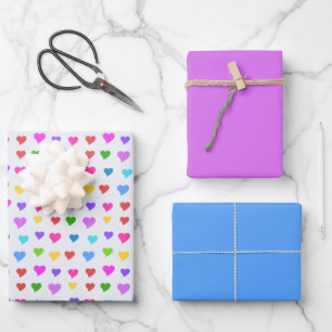 Bunte Flirtende Herzen, Orchidee und Blaugrau Geschenkpapier Set