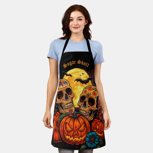 Bunte florale Calavera-Zuckerschädel, Halloween  Schürze (Getragen)