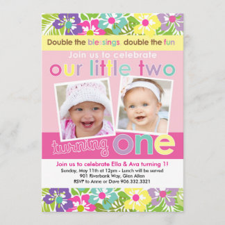 Bunte Florals Twin Girls Erstgeburt Einladung