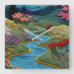 Bunte Flusslandschaft Stickereikunst Wand Quadratische Wanduhr