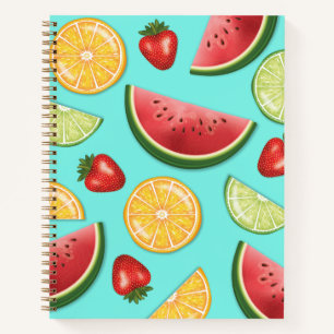 Bunte Früchte auf blauem Sommer-Essensmuster Notizbuch