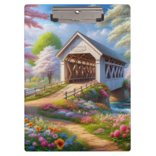 Bunte Frühlings-/blumengeschmückte Brücke & Fluss Klemmbrett