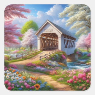 Bunte Frühlings-/blumengeschmückte Brücke & Fluss Quadratischer Aufkleber