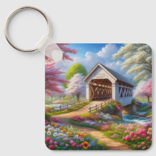 Bunte Frühlings-/blumengeschmückte Brücke & Fluss Schlüsselanhänger