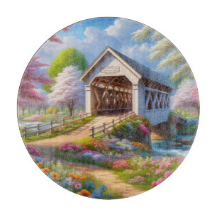 Bunte Frühlings-/blumengeschmückte Brücke & Fluss Schneidebrett