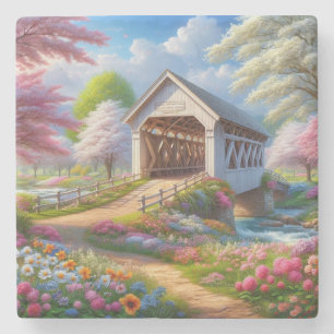 Bunte Frühlings-/blumengeschmückte Brücke & Fluss Steinuntersetzer