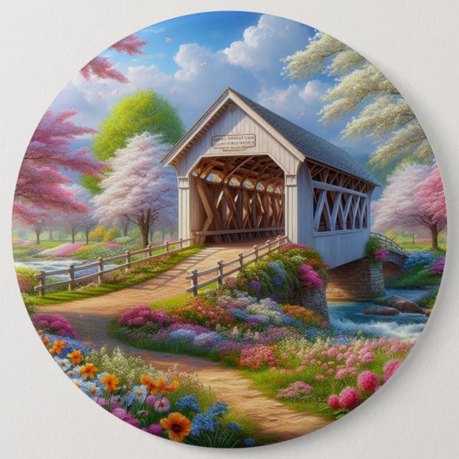 Bunte Frühlings-/blumengeschmückte Brücke und Flus Button (Vorderseite)
