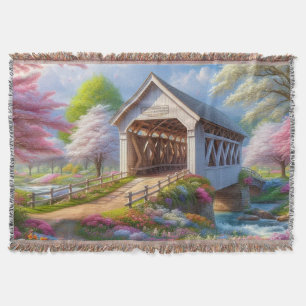 Bunte Frühlings-/blumengeschmückte Brücke und Flus Decke