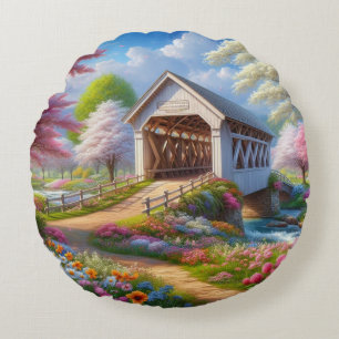Bunte Frühlings-/blumengeschmückte Brücke und Flus Rundes Kissen