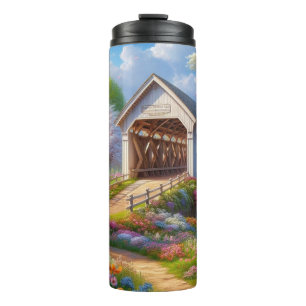 Bunte Frühlings-/blumengeschmückte Brücke und Flus Thermosbecher