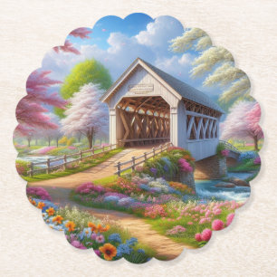 Bunte Frühlings-/blumengeschmückte Brücke und Flus Untersetzer