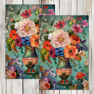 BUNTE FRÜHLINGSBLUMEN IN VASE DÉCOUPAGE SEIDENPAPIER