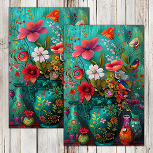 BUNTE FRÜHLINGSBLUMEN IN VASE DEKUPAGE SEIDENPAPIER
