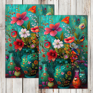 BUNTE FRÜHLINGSBLUMEN IN VASE DEKUPAGE SEIDENPAPIER