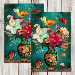 BUNTE FRÜHLINGSBLUMEN IN VASE DEKUPAGE SEIDENPAPIER