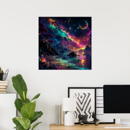 Bunte Galaxie Neon Weltraum Regenbogen Nebel Kunst Poster