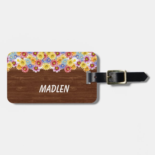 Bunte Gänseblümchen auf Holz Gepäckanhänger (Vorderseite horizontal)